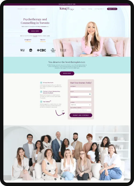 Screenshot of the KMA Therapy website